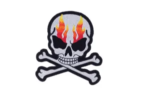 Silver Metallic Flaming Skull and Crossbones Patch