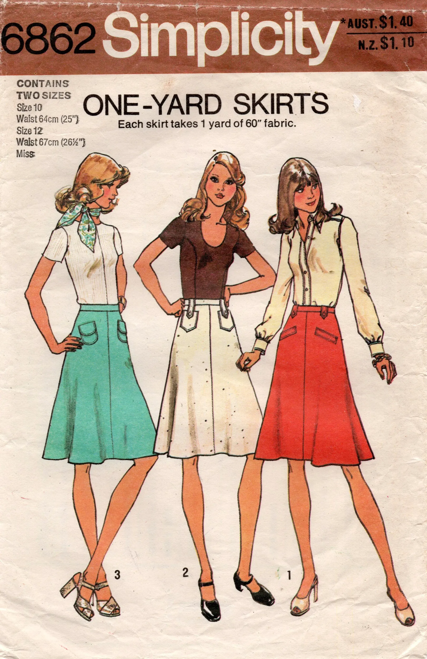 Simplicity 6862 Womens One Yard Skirts 1970s Vintage Sewing Pattern Size 10 and 12