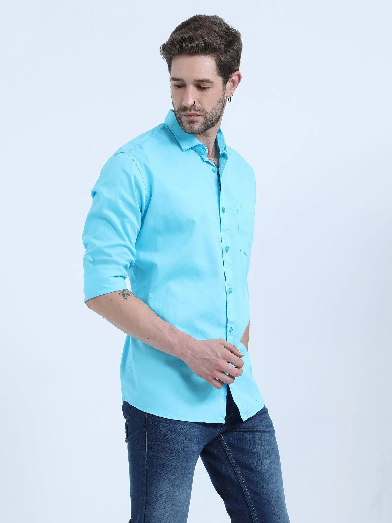 Sky Blue Solid Cotton Full Sleeve Shirt