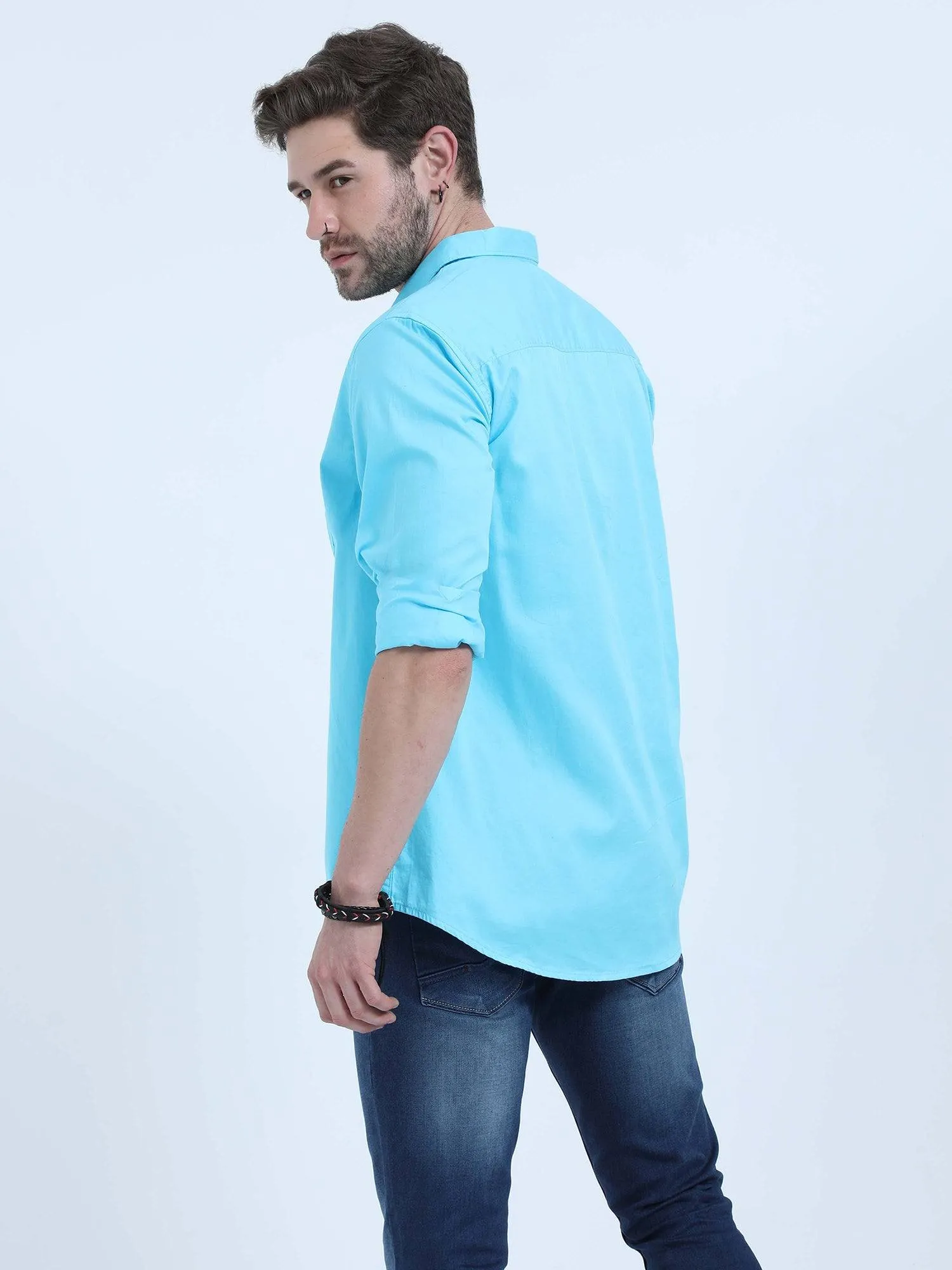 Sky Blue Solid Cotton Full Sleeve Shirt