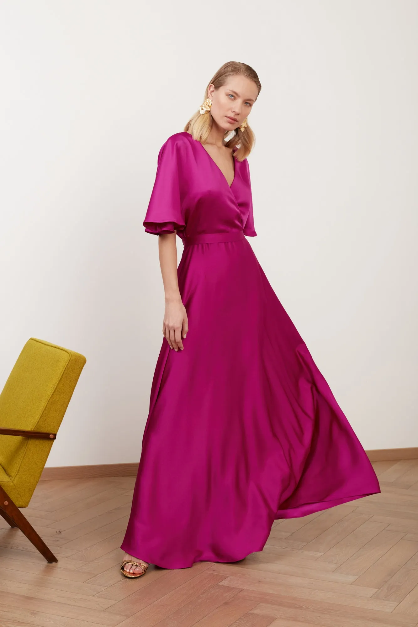 SOLENE fuchsia satin long wedding guest dress