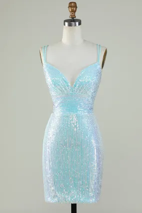 Sparkly Light Blue Sheath Sequins Short Homecoming Dress with Criss Cross Back