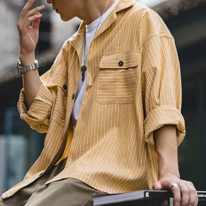 Striped Cuban Collar Men Shirt with Retro Patchwork and Vintage Pocket