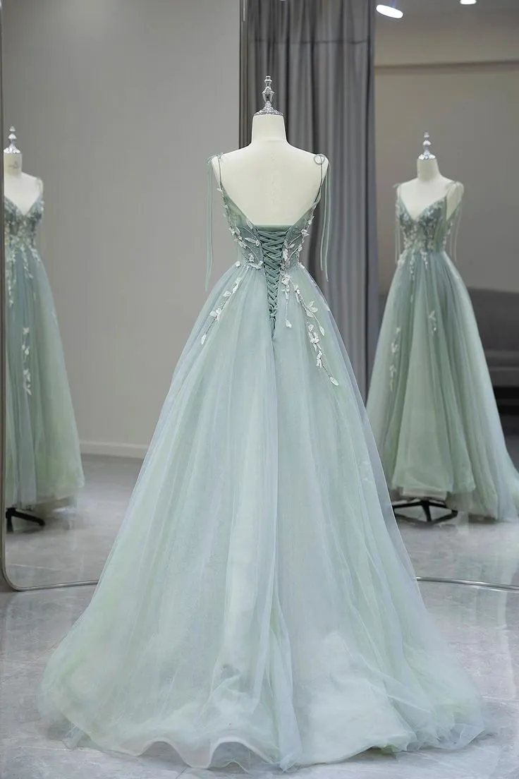 Stylish Spaghetti Strap Tulle Floor Length Formal Dress Gray Green V-Neck Backless Party Dress        fg6350