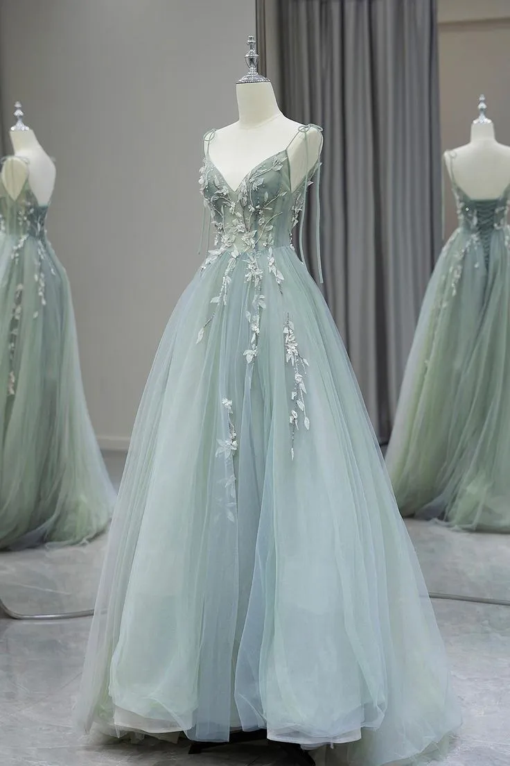 Stylish Spaghetti Strap Tulle Floor Length Formal Dress Gray Green V-Neck Backless Party Dress        fg6350