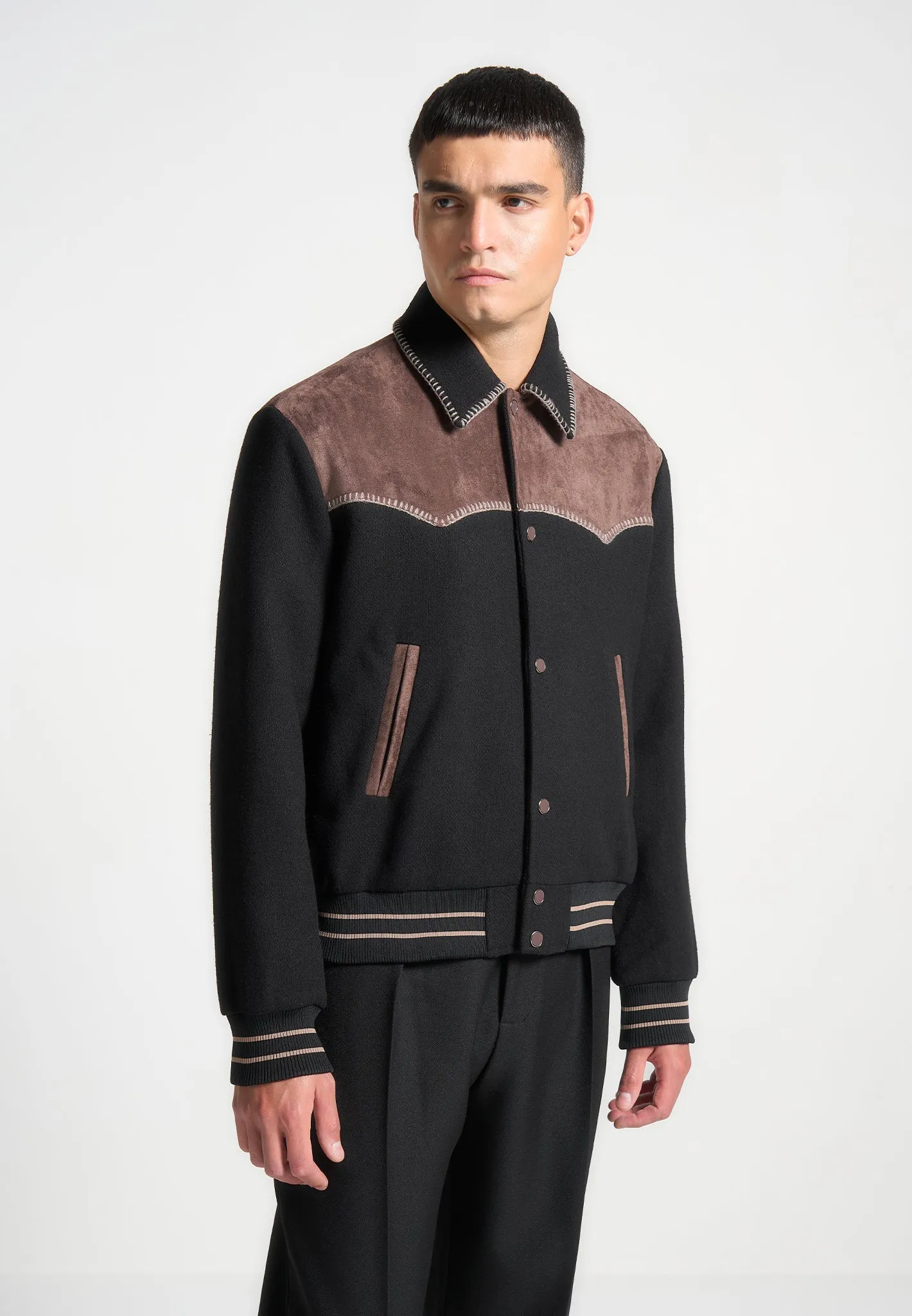 Suede and Wool Whipstitch Varsity Jacket - Black/Brown