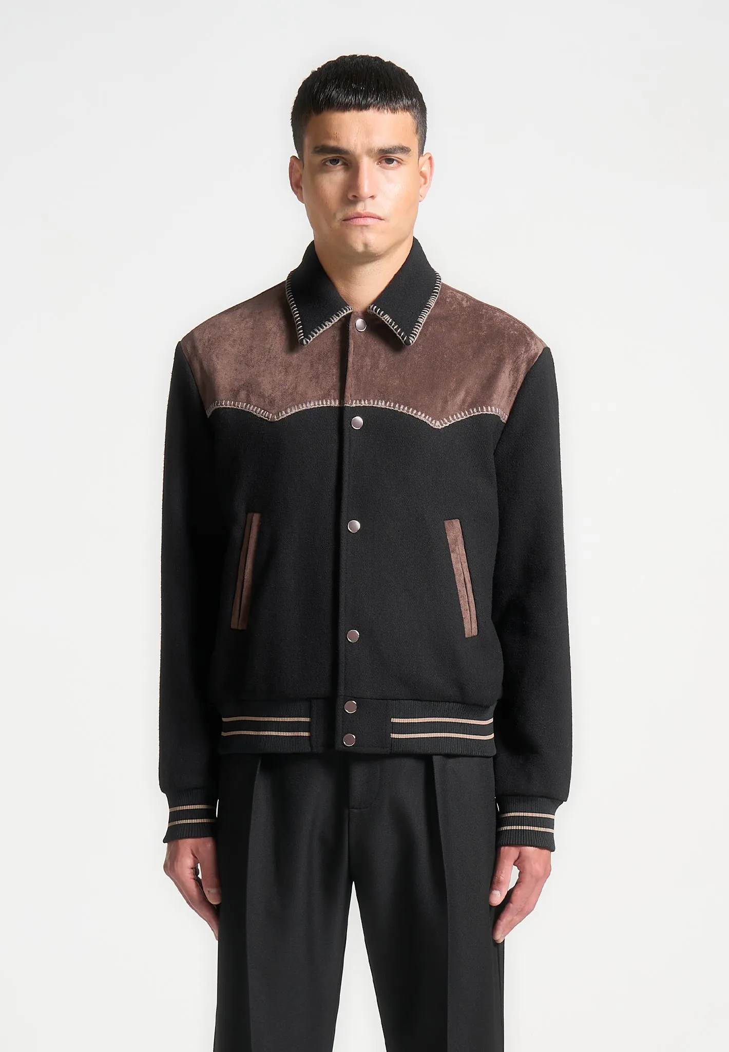 Suede and Wool Whipstitch Varsity Jacket - Black/Brown