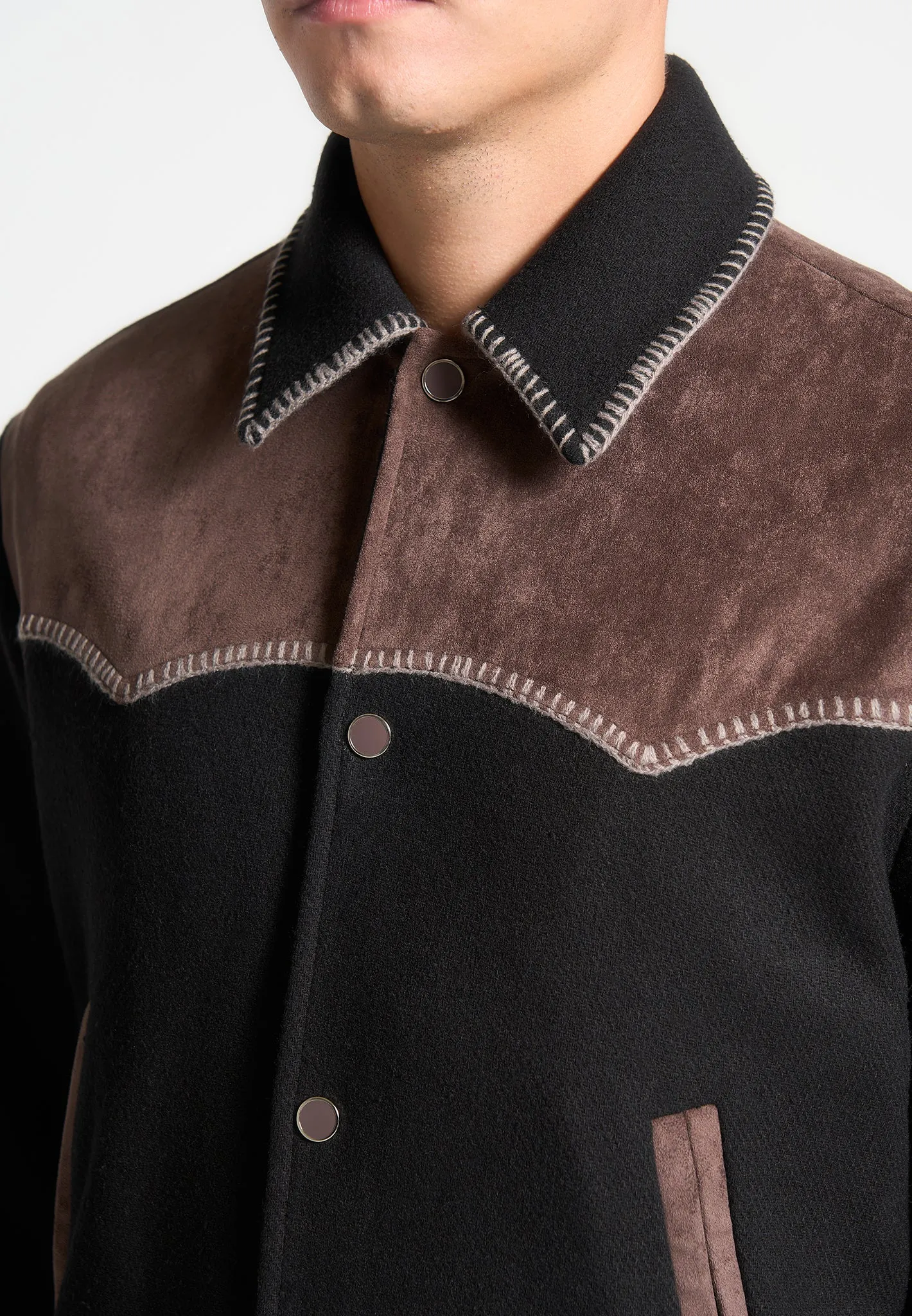 Suede and Wool Whipstitch Varsity Jacket - Black/Brown