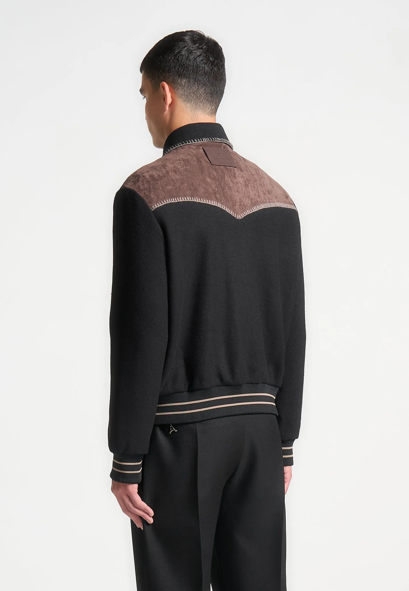 Suede and Wool Whipstitch Varsity Jacket - Black/Brown