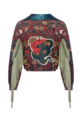 Temptation' Floral Fringed Jacket with Apple and Serpent