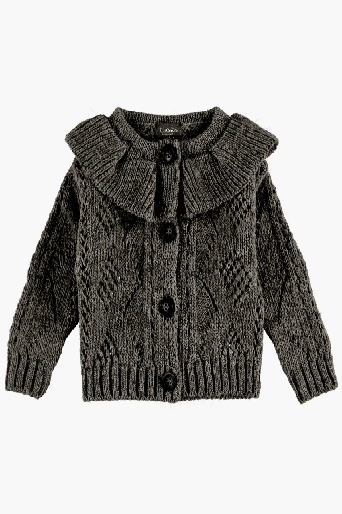 Tocoto Vintage Ruffle Neck Girls Cardigan - Dark Grey