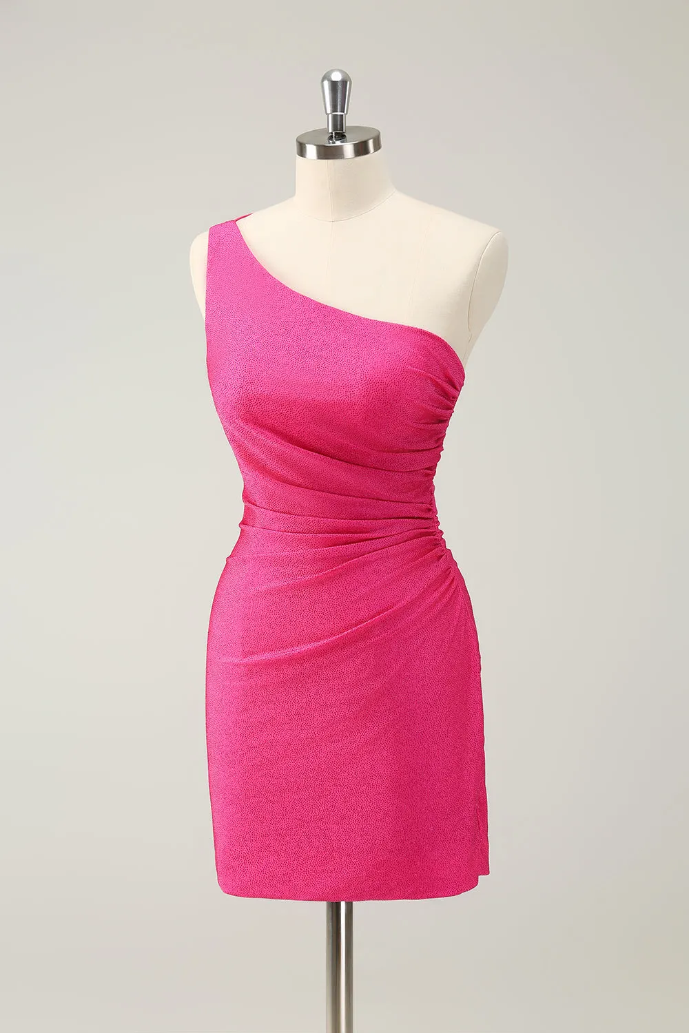 Unique Hot Pink One Shoulder Pleated Short Tight Homecoming Dress