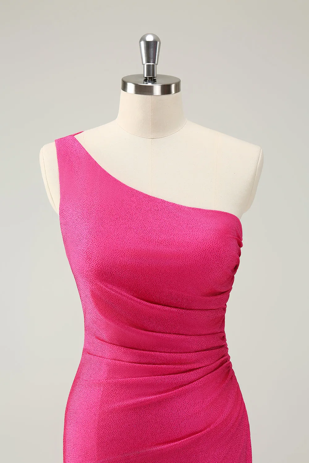 Unique Hot Pink One Shoulder Pleated Short Tight Homecoming Dress