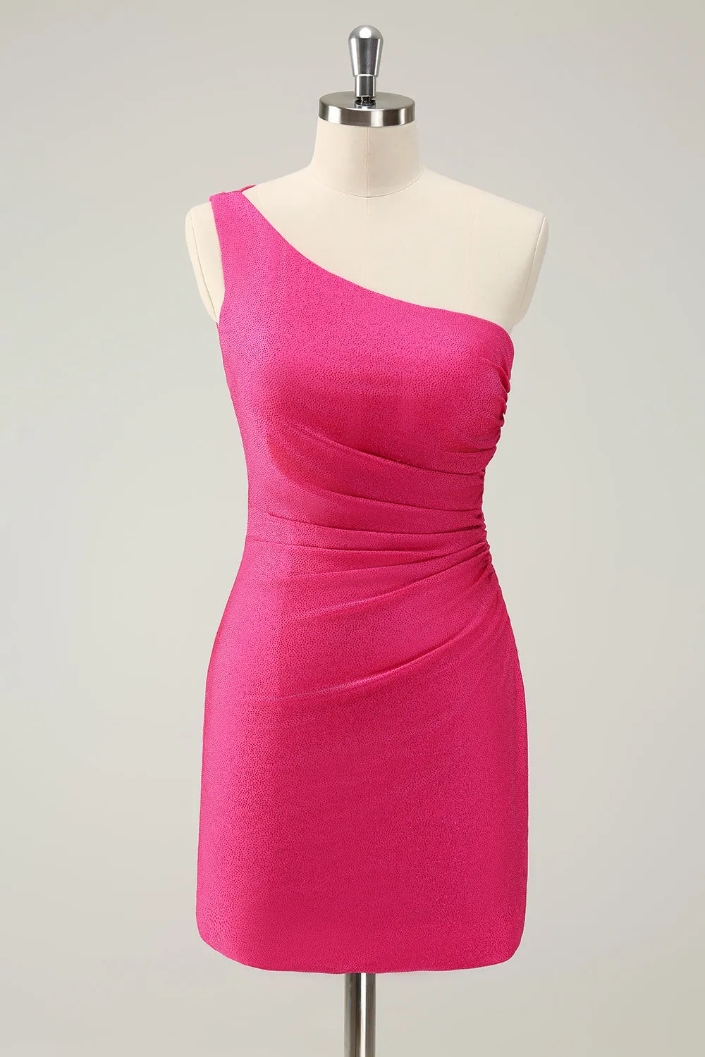 Unique Hot Pink One Shoulder Pleated Short Tight Homecoming Dress