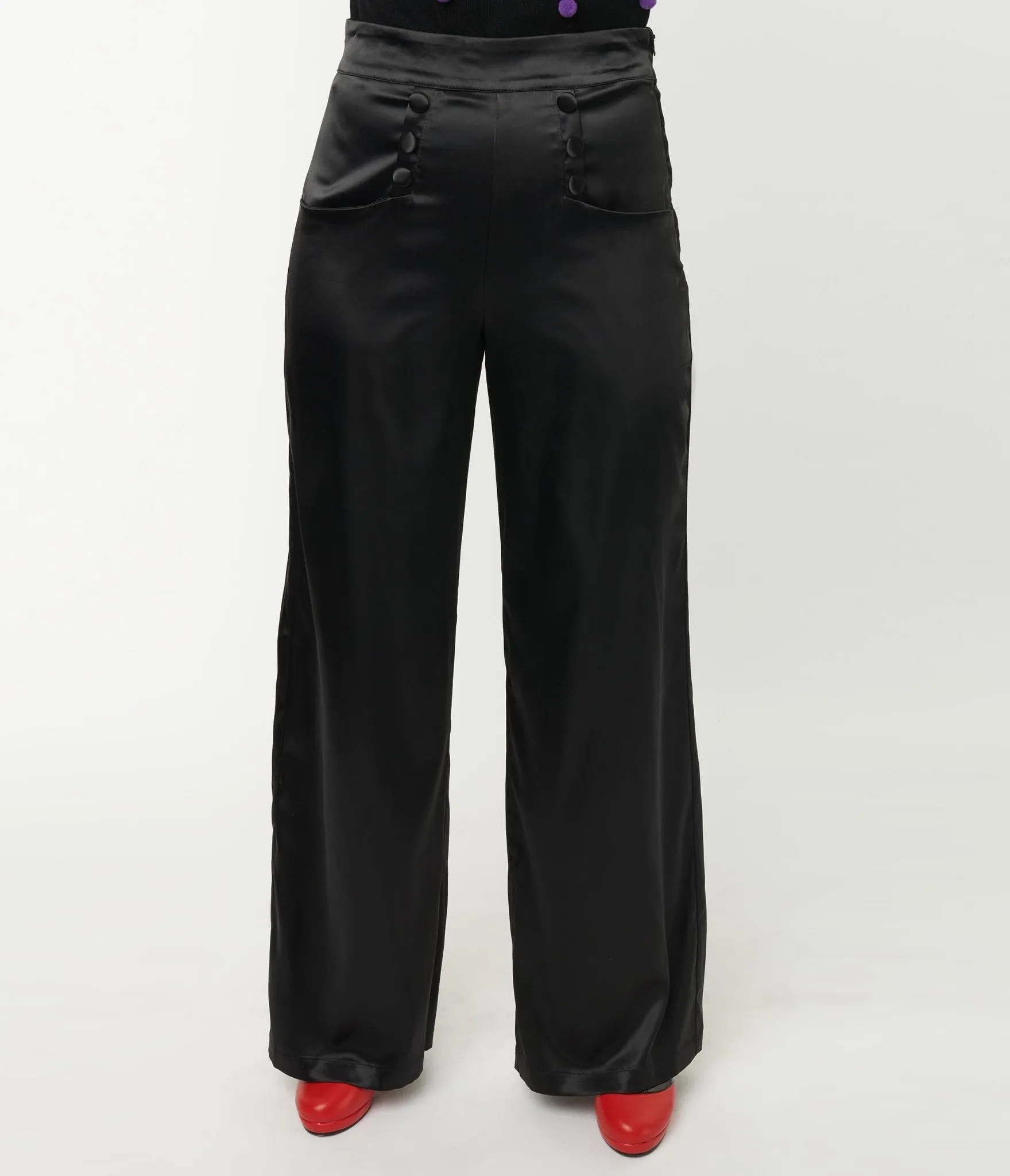 Unique Vintage 1940s Black Satin High Waist Ginger Pants