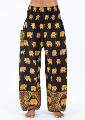 Unisex Golden Elephants Harem Pants in Black