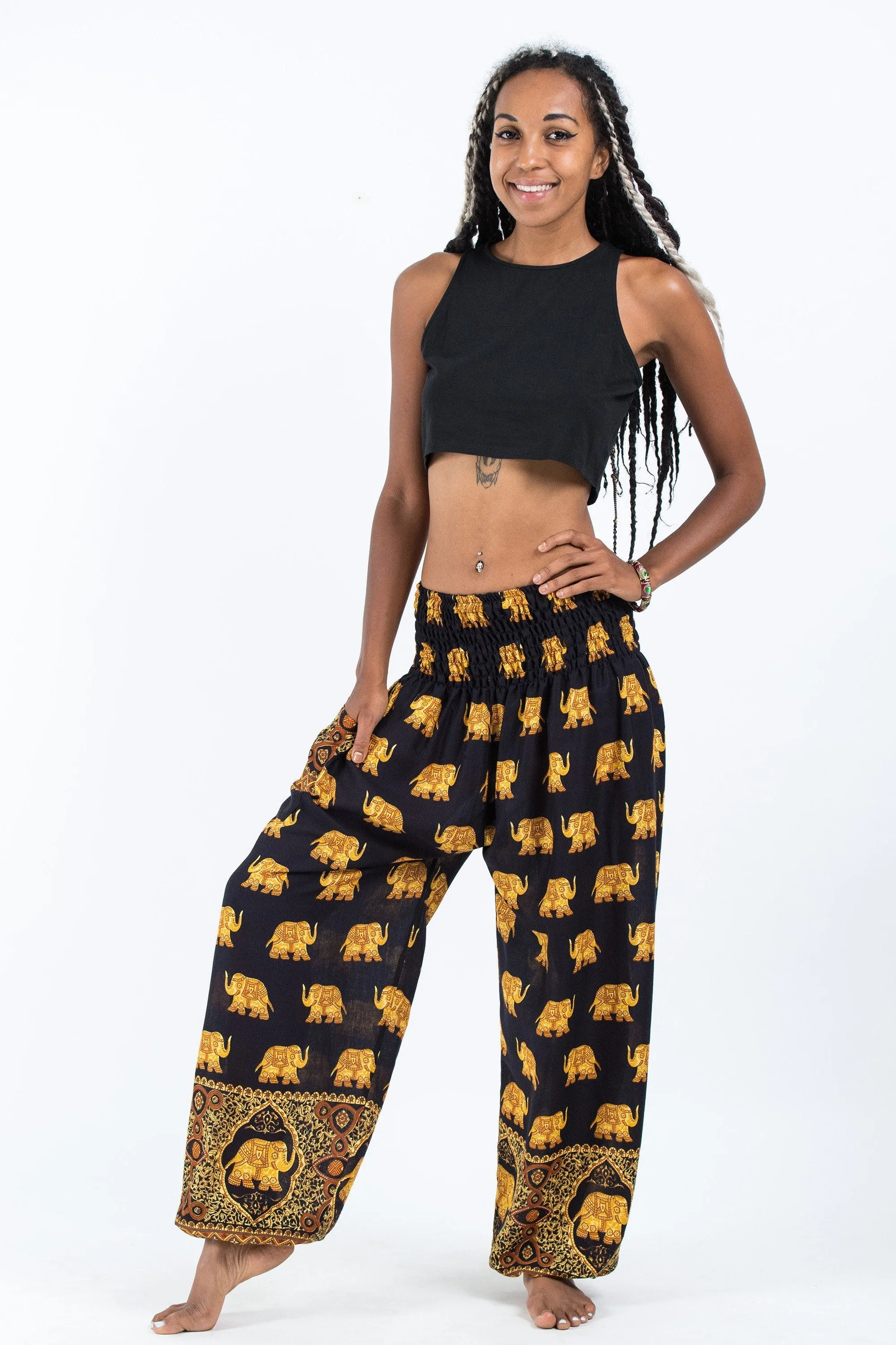 Unisex Golden Elephants Harem Pants in Black