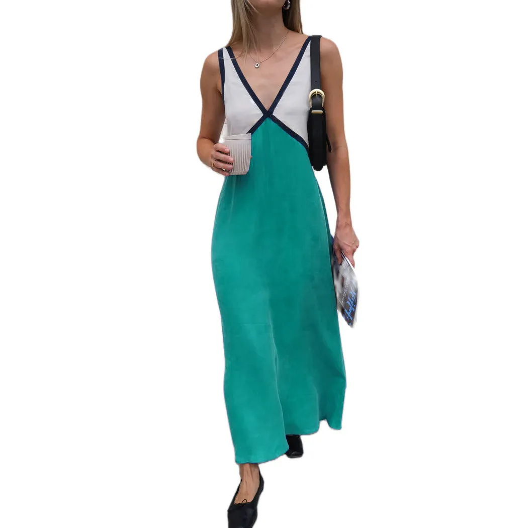 V-neck Loose Vest Color Block Dress