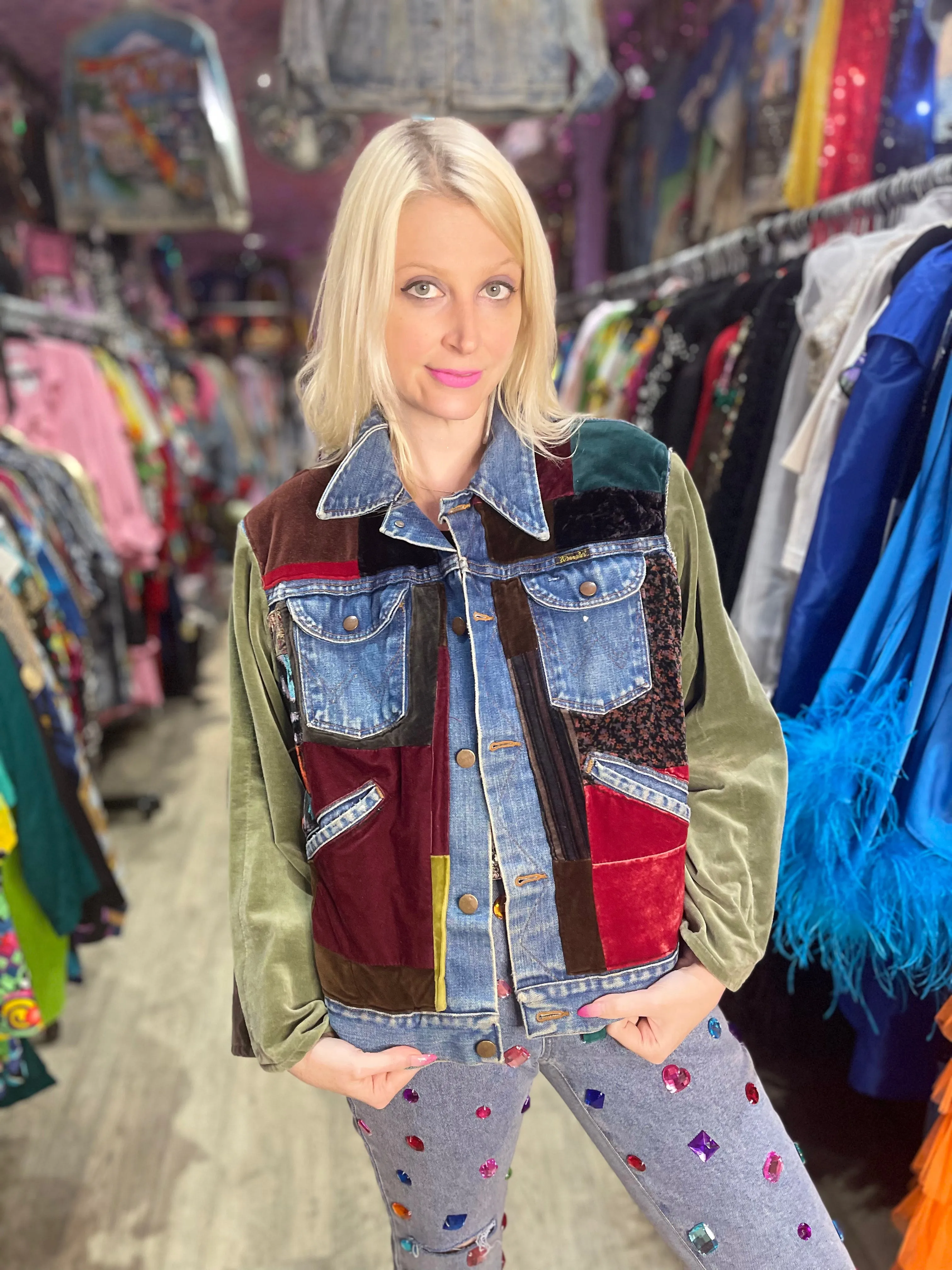 Vintage 90s Velvety Patches Jean Jacket