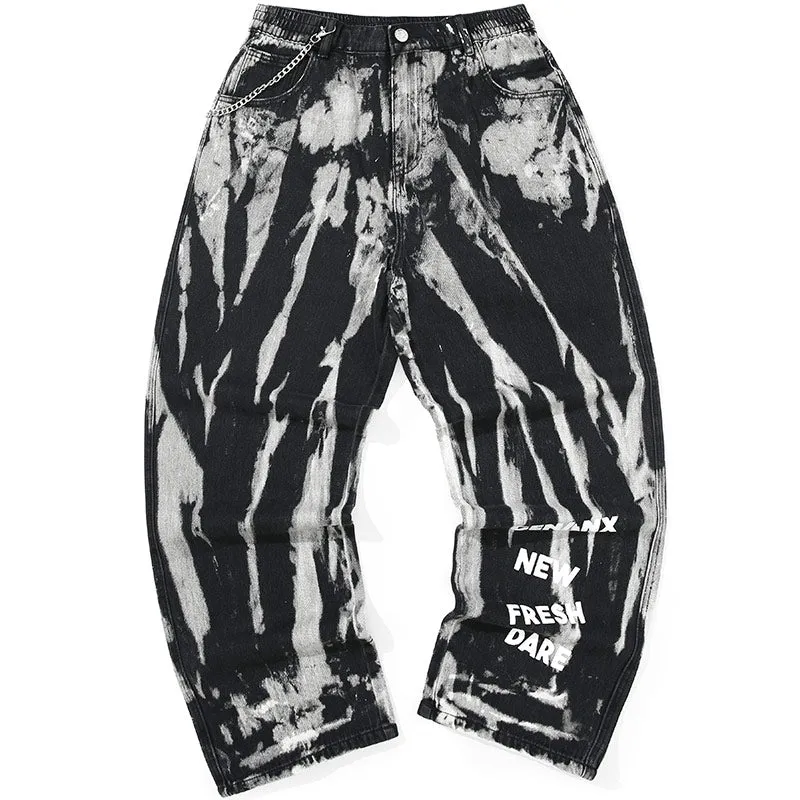 Vintage Tie Dye Letter Print Denim Pants