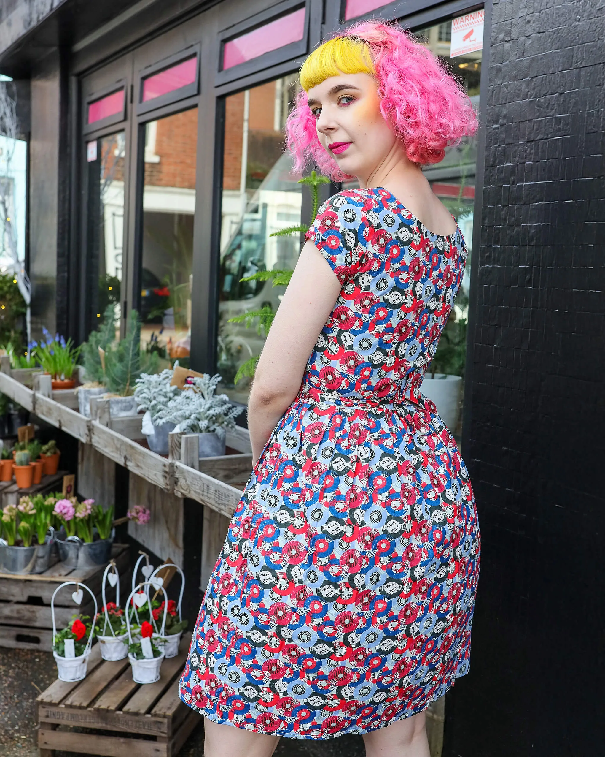 Vinyl Record Print Slate Grey Tea Party Dress