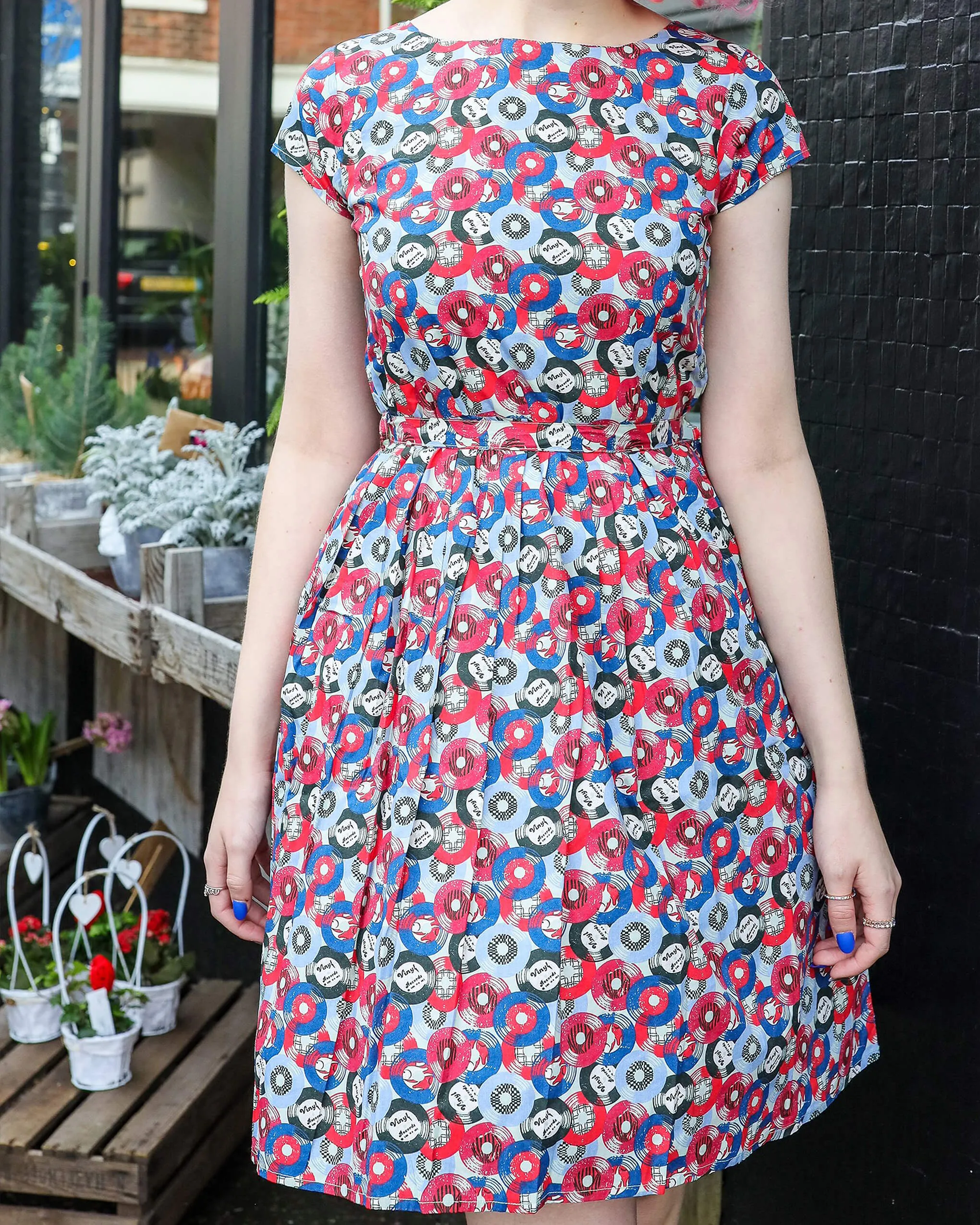 Vinyl Record Print Slate Grey Tea Party Dress