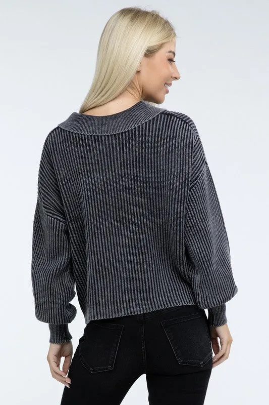 Washed Collared Henley Sweater