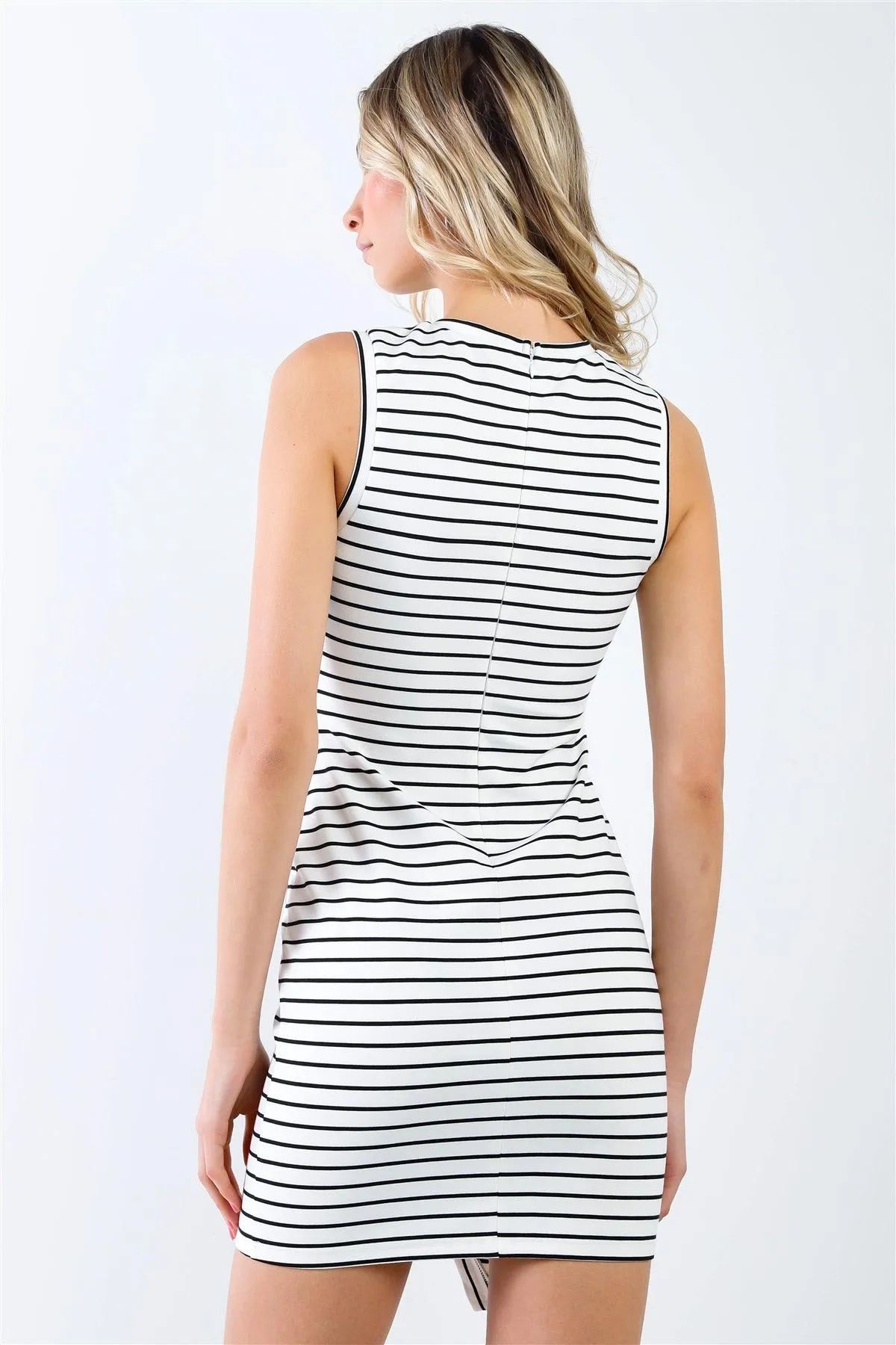 White & Black Striped Sleeveless Asymmetrical Hem Crew Neck Fitted Mini Dress /1-1-2-1