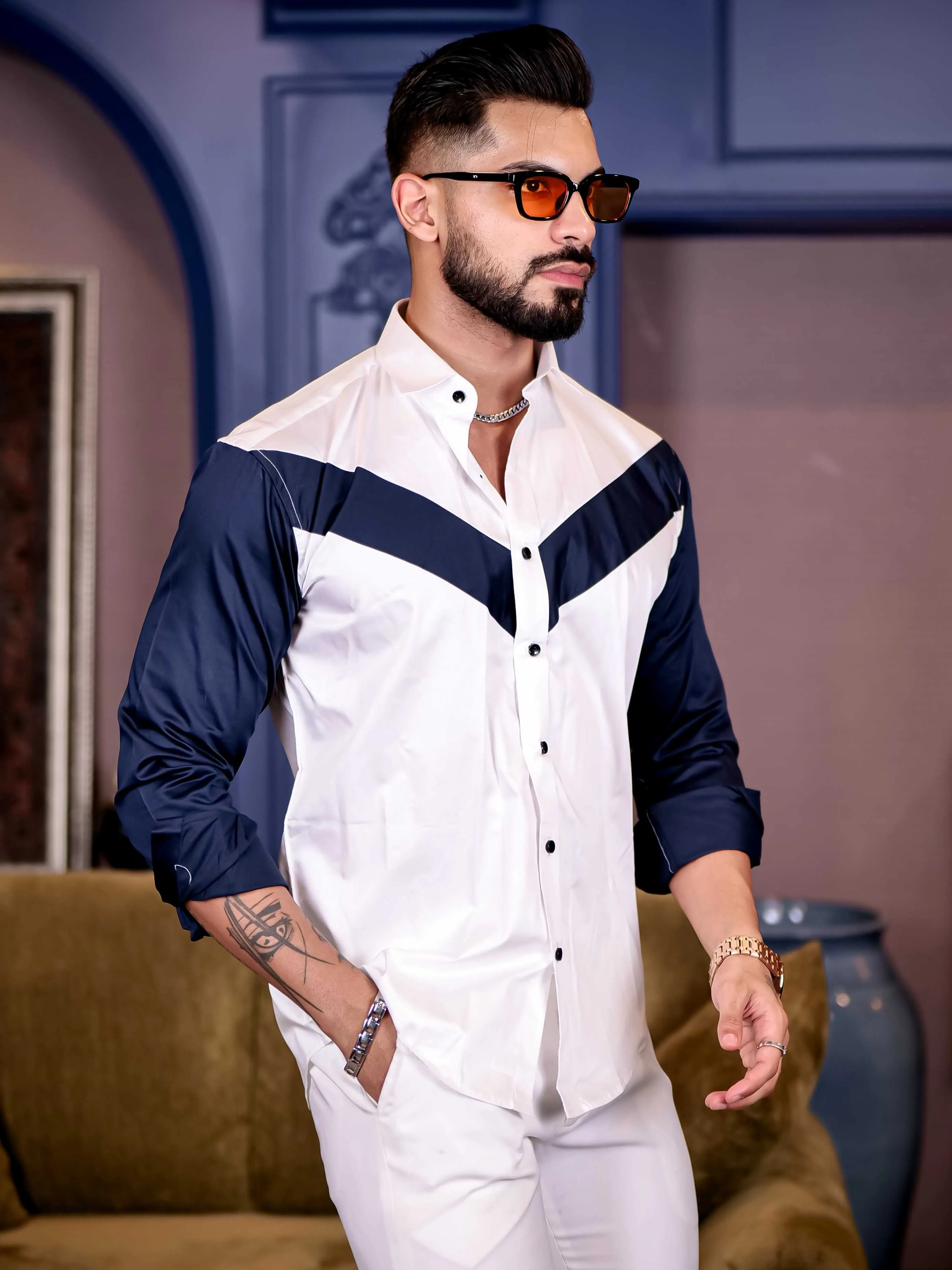 White and Navy Cut n sew Premium Cotton Shirt For Men