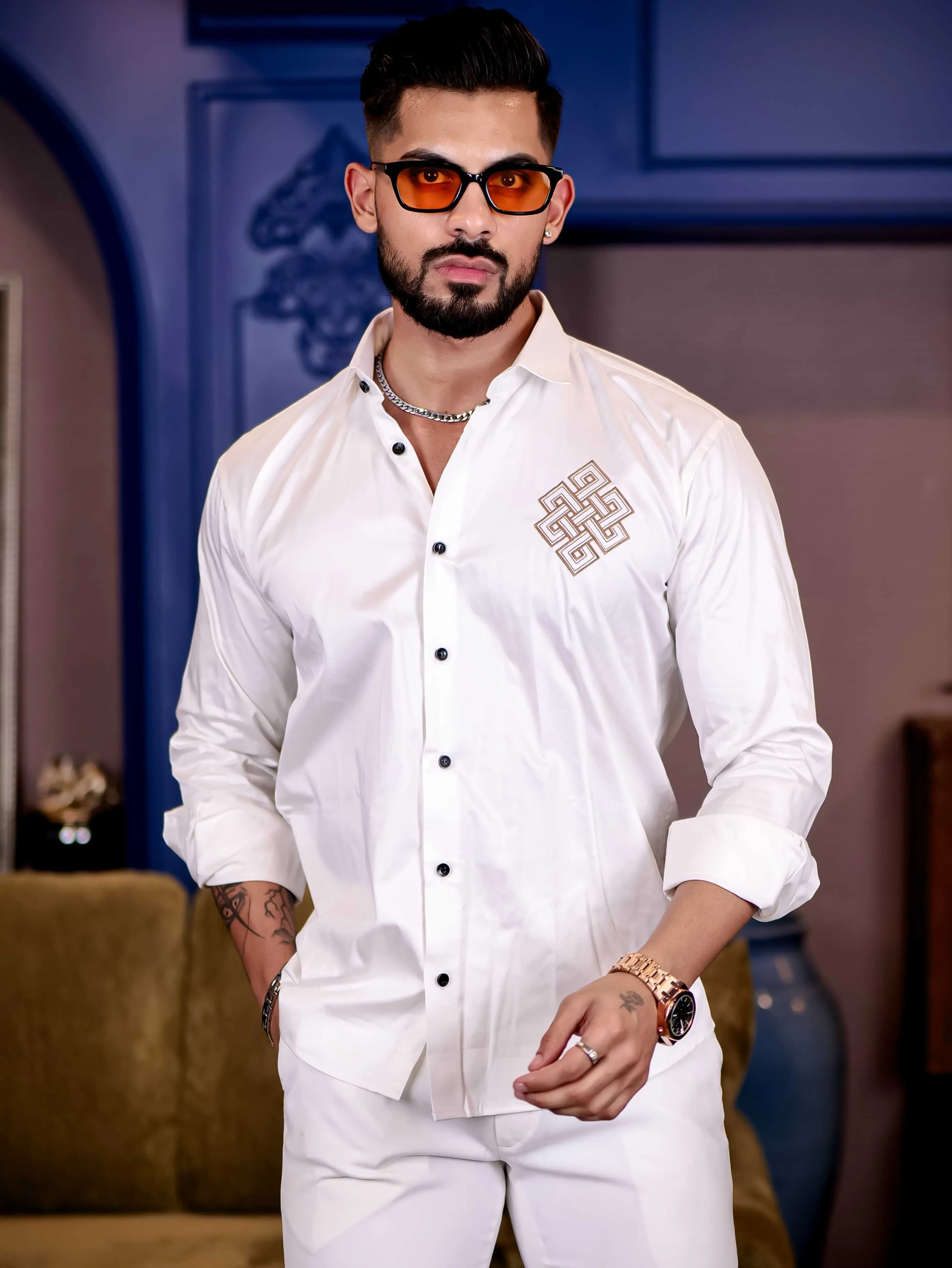 White Embroidered Premium Cotton Shirt For Men