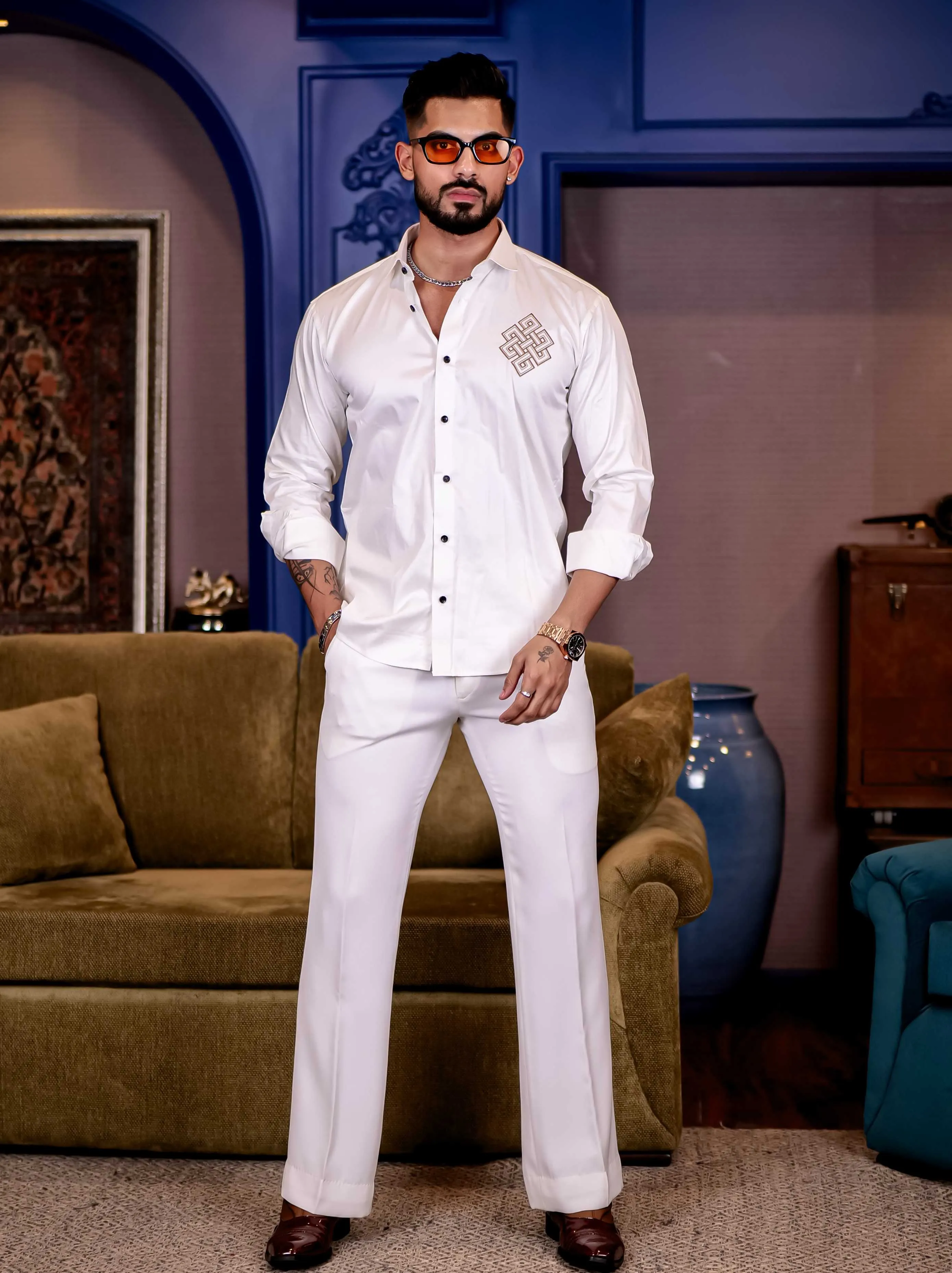 White Embroidered Premium Cotton Shirt For Men