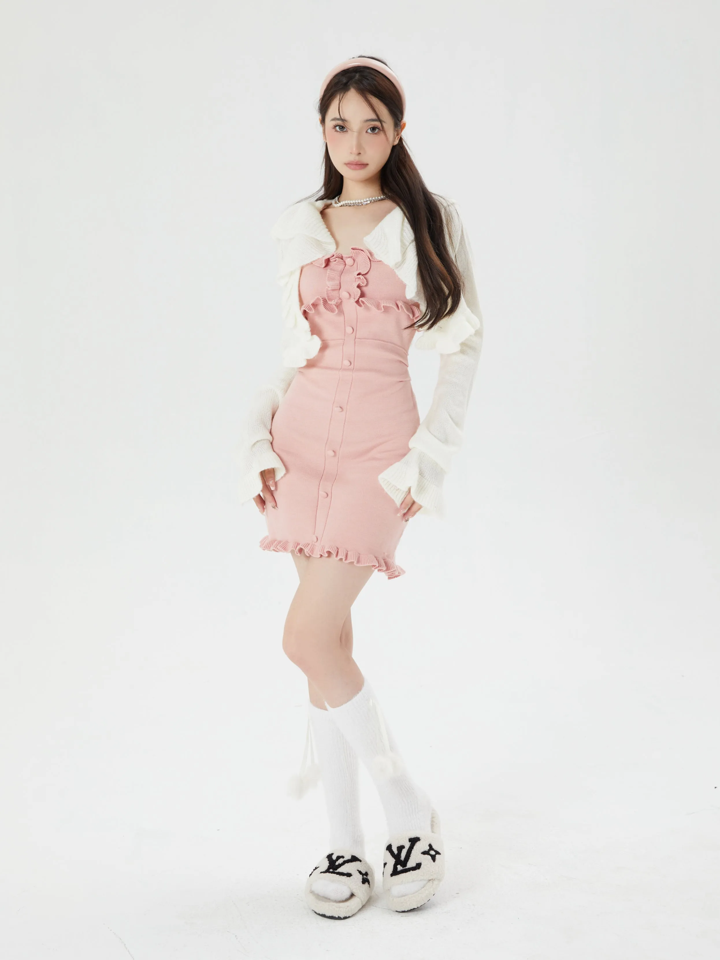 White knitted dress   coat two-piece set PL52887