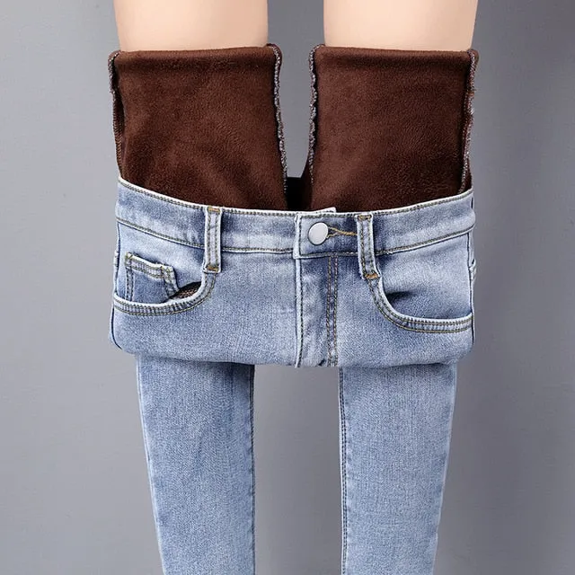 Winter Warm Jeans Woman 2020 High Waist Casual Velvet Ladies Trousers