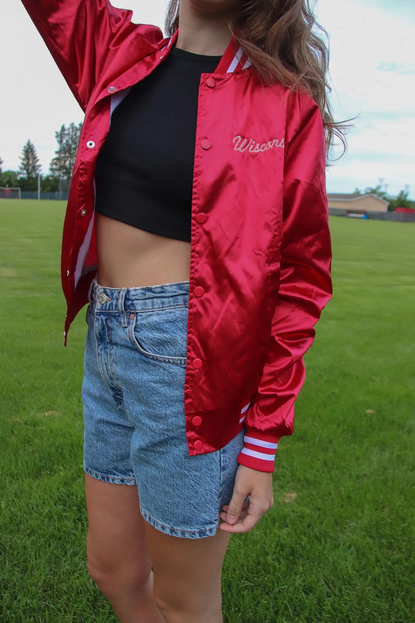 Wisconsin Chain Embroidered Satin Baseball Jacket