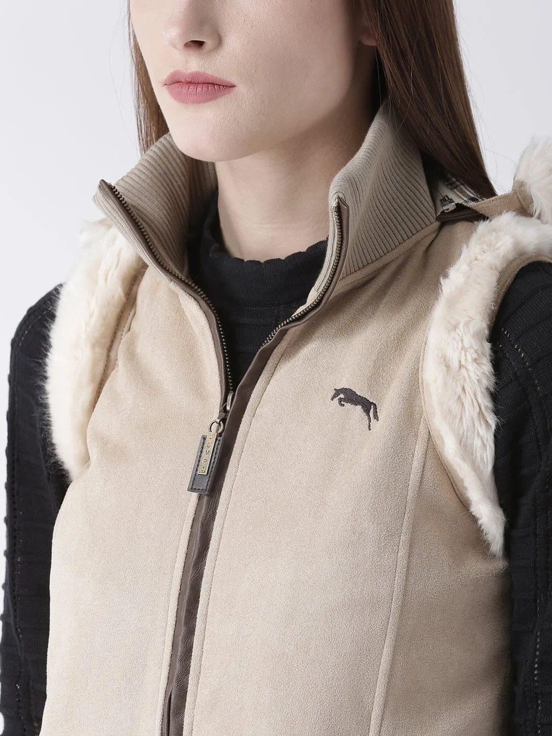 Women Polyster Casual Sleeveless  Beige Winter Jacket