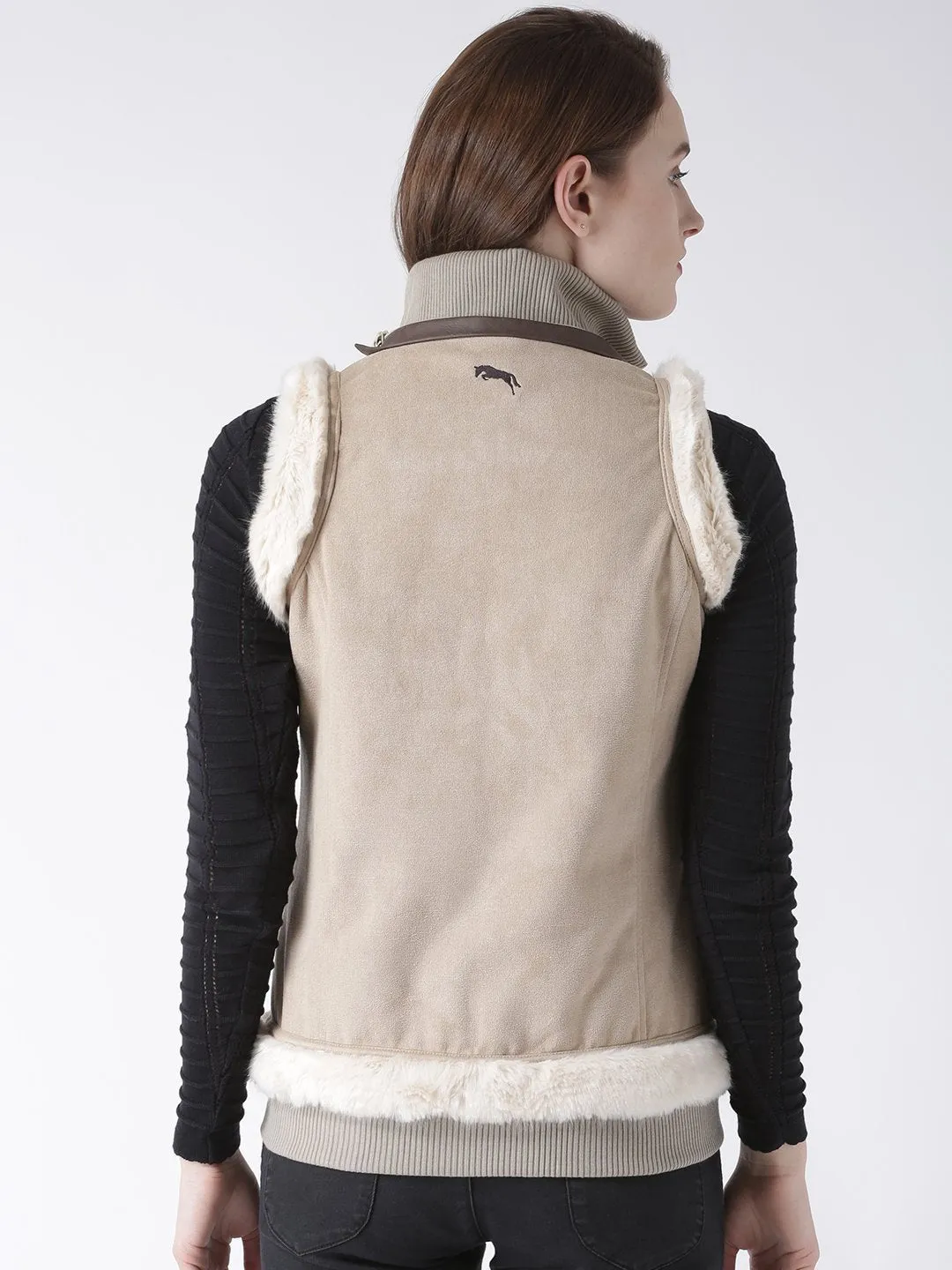 Women Polyster Casual Sleeveless  Beige Winter Jacket