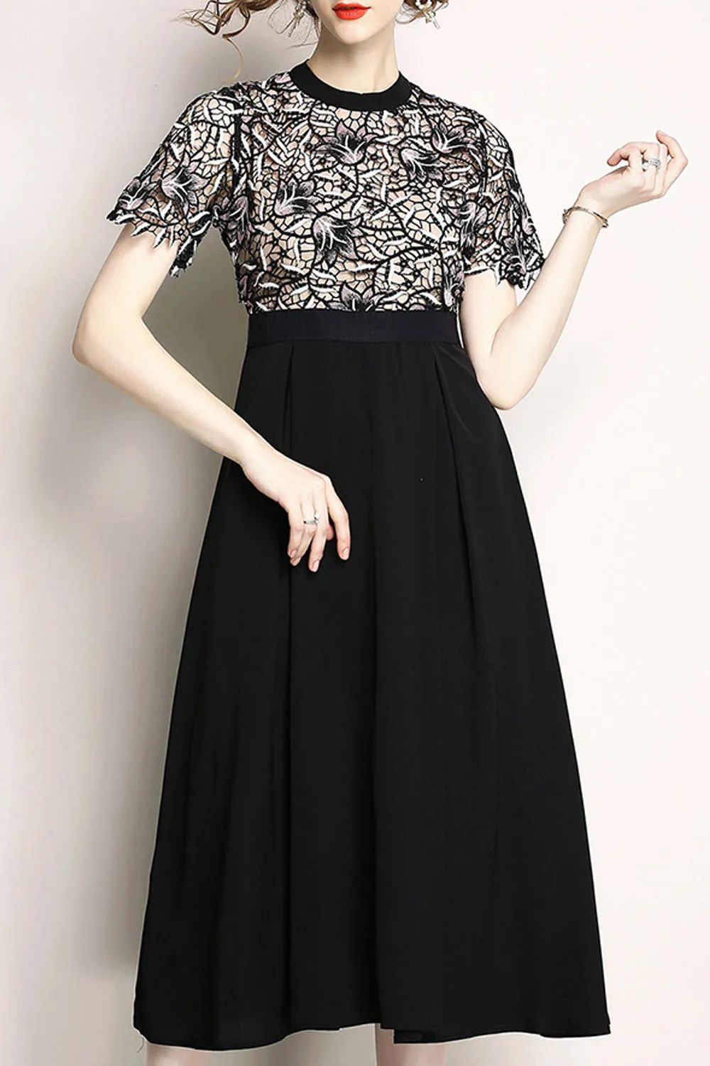 Women Short Sleeve Mid Length Solid Color Skirt Round Neck Convenient Lace Embroidery Dress - C6922ZWD