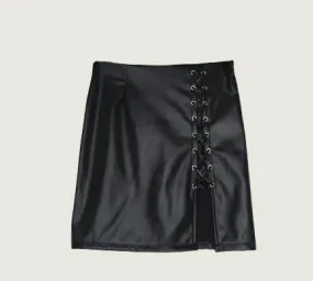 Women’s Black Lace-Up Faux Leather Mini Skirt – Edgy Night-Out Look