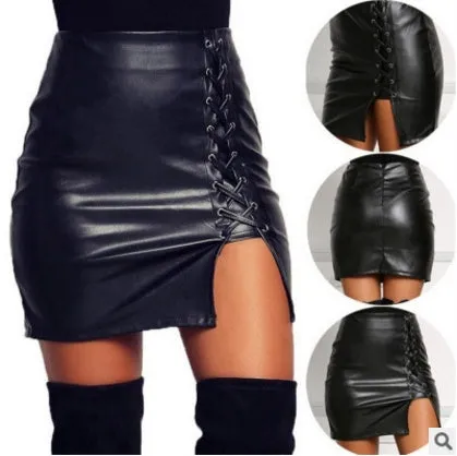 Women’s Black Lace-Up Faux Leather Mini Skirt – Edgy Night-Out Look