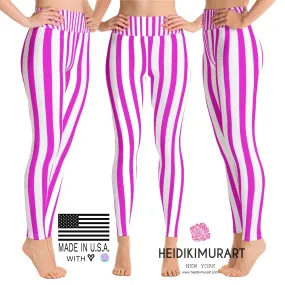 Women's Pink Stripe Leggings, Active Wear Fitted Tights, Sports Long Yoga & Barre Pants