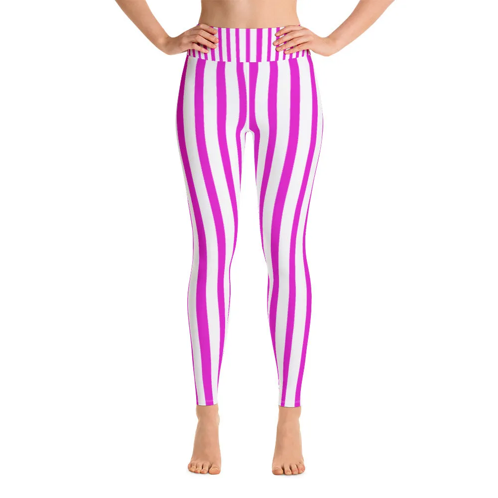 Women's Pink Stripe Leggings, Active Wear Fitted Tights, Sports Long Yoga & Barre Pants