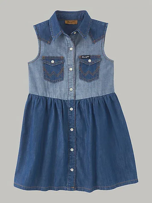 Wrangler Girl's Contrast Wash Denim Western Shirt Dress in Blue